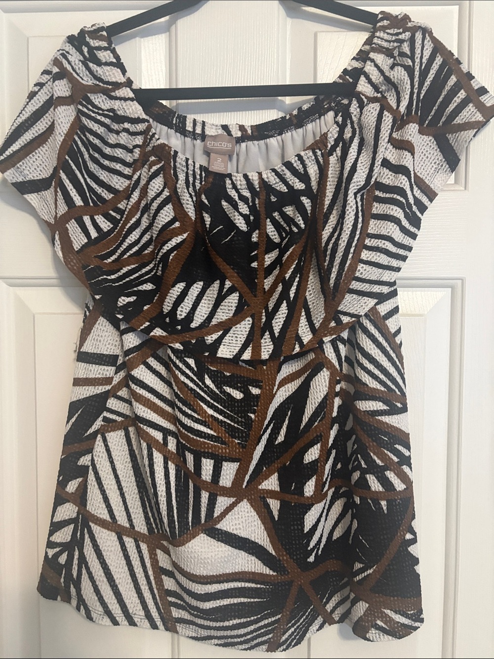 Chico's White Black Brown Abstract  Print Top